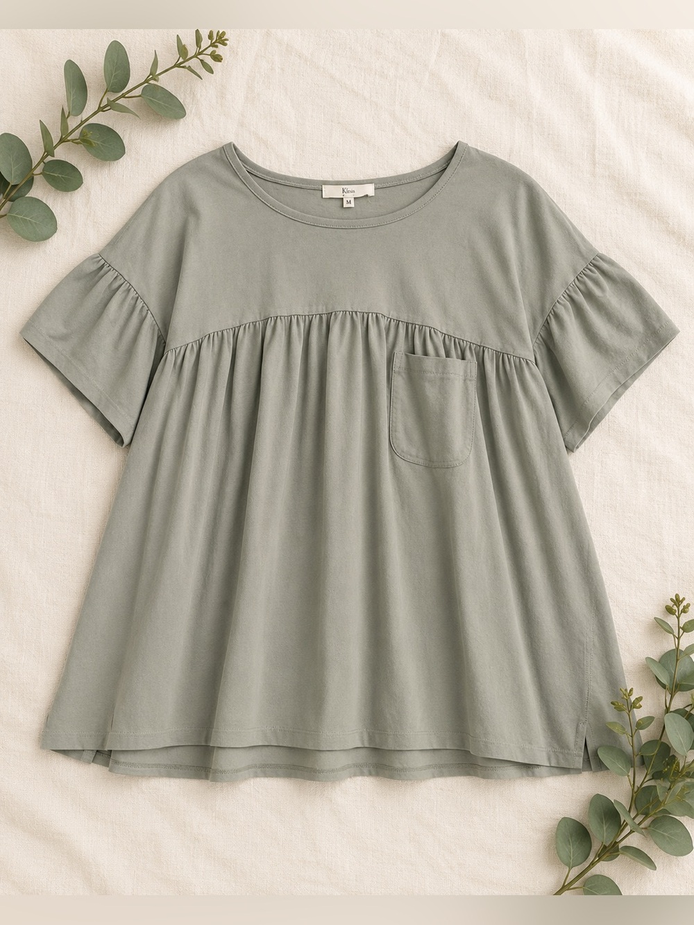 Klesis Oversized Babydoll Blouse | Sage Green Swing Top | Side Slit Tunic | M